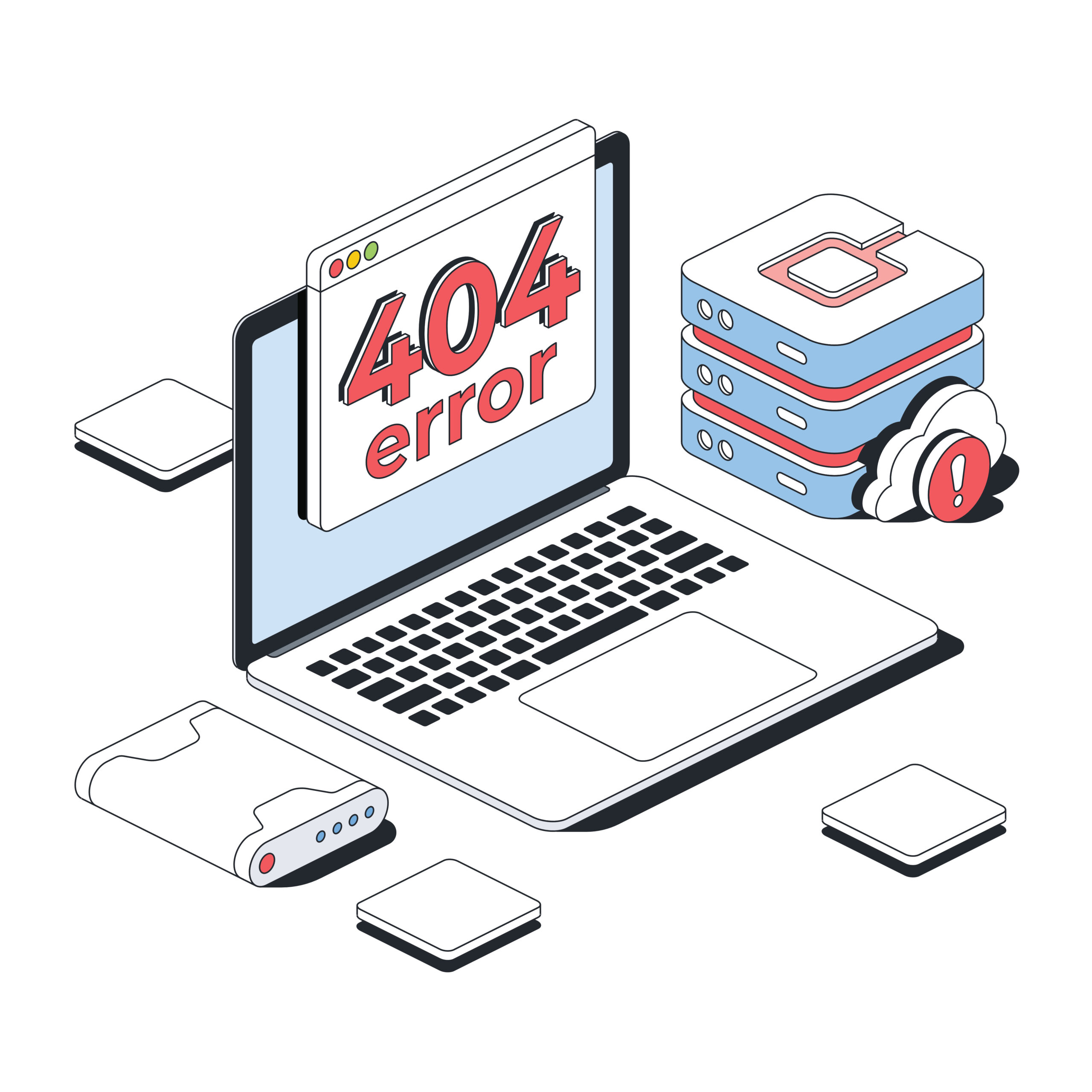 Laptop screen, 404 error window, cloud server. Vector 3d line isometric, color web icons, new flat style. Creative design idea for infographics.